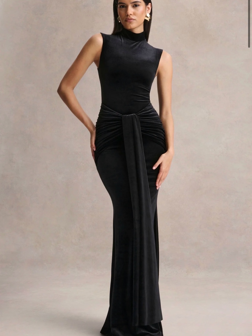 IDALINA: Black Velvet High-Neck Maxi Dress With Gathered-Detailing
